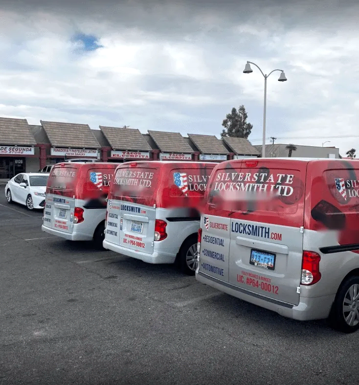 Silver State Locksmith service vans lined up in Las Vegas