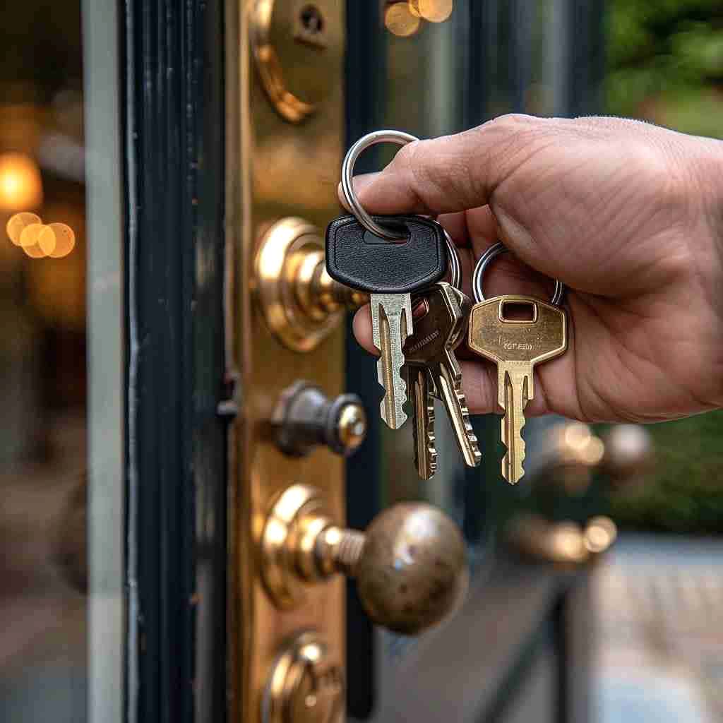 Hand holding a ring of house keys beside a brass door lock