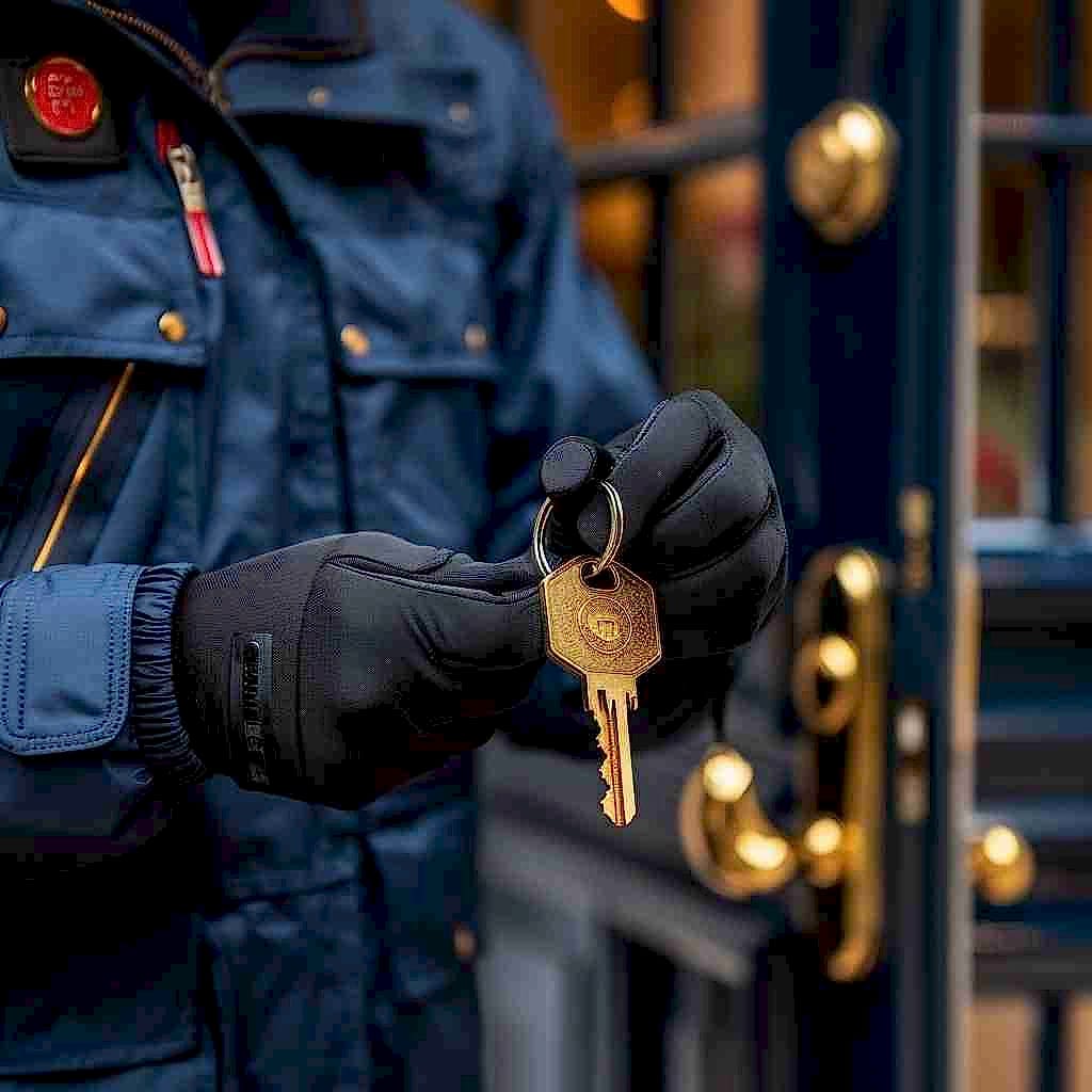 Locksmith in a work jacket and black gloves holding a brass key beside an open front door.