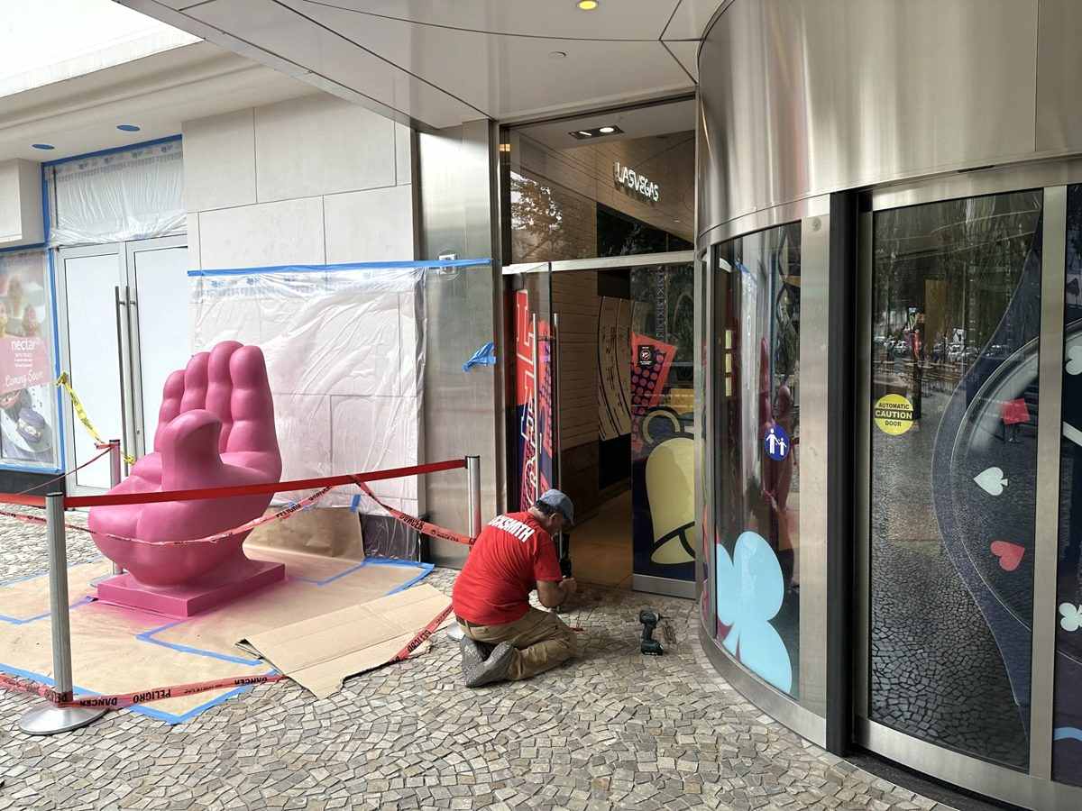 Silver State Locksmith technician repairing a storefront door on the Las Vegas Strip